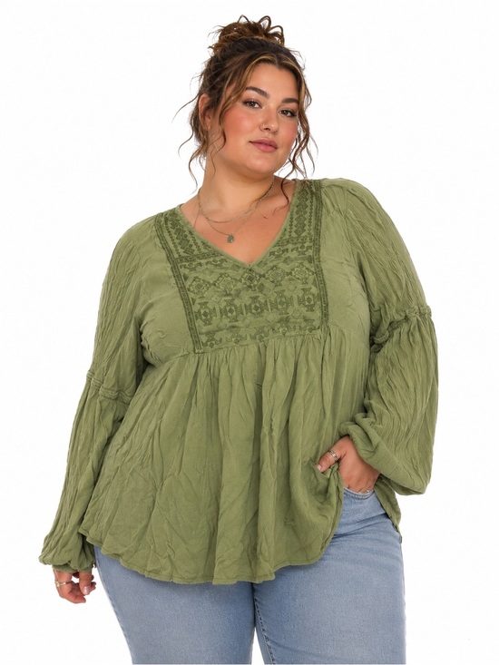 torrid Tops - Torrid Crochet Embroidered Boho Tunic Blouse (Sage Green) Size 1X